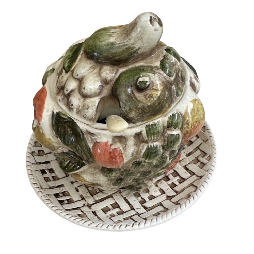 Vintage Lefton Fruits of Italy Jam Jelly Condiment With Lid Attached Under Plate